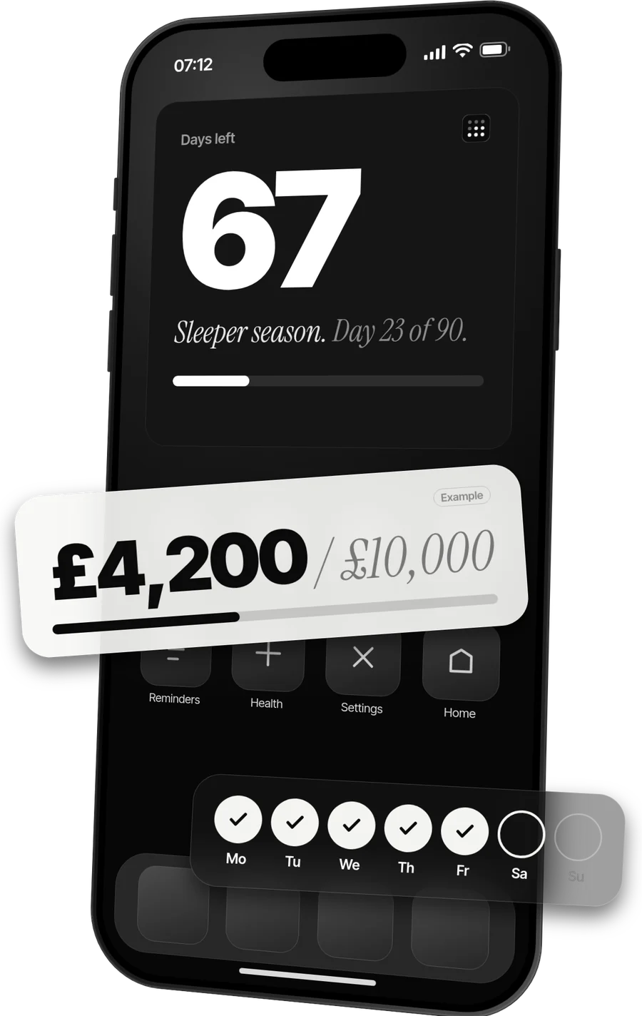Lockdate money goal widget showing £4,200 of £10,000 and a week of daily check-ins. Example values.
