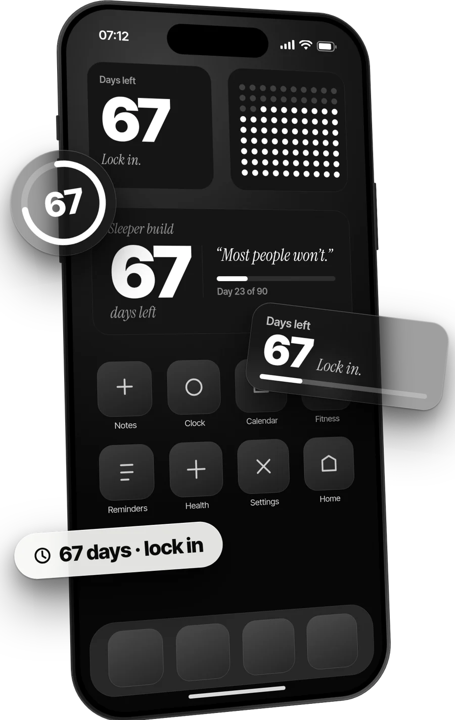 Lockdate home screen widgets in small, medium and large sizes. Example values.